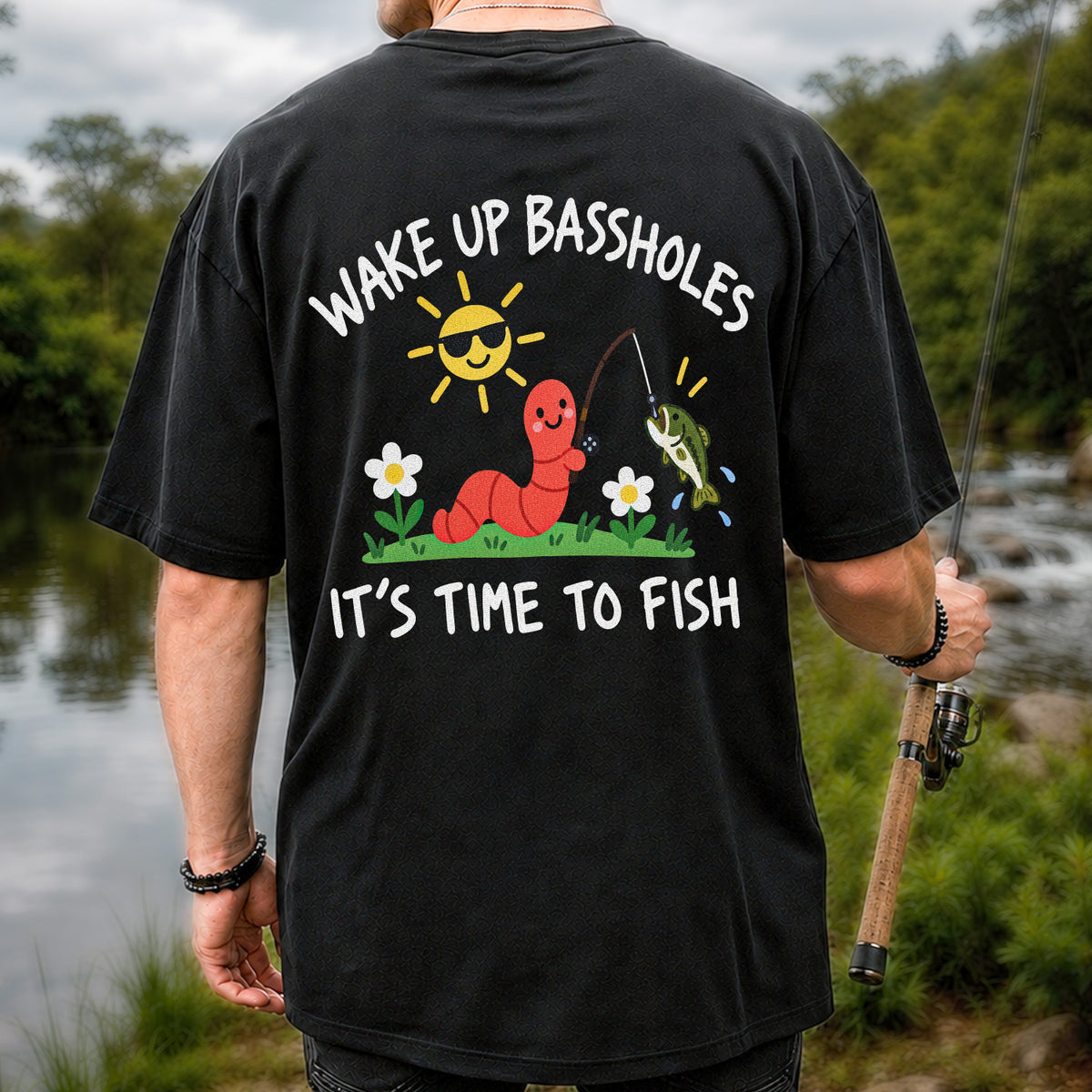 Wake Up Bassholes Funny Worm and Bass Fishing Graphic T-Shirt | Back Print