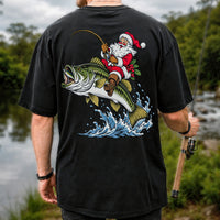 Santa Claus Riding a Bass Christmas Fishing Graphic T-Shirt | Back Print