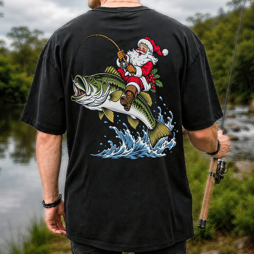 Santa Claus Riding a Bass Christmas Fishing Graphic T-Shirt | Back Print