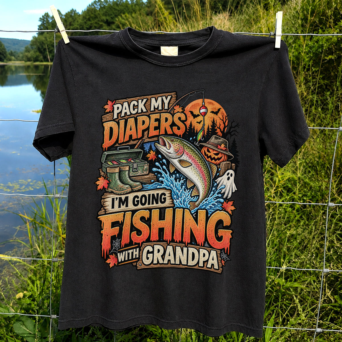 Pack My Diapers I'm Going Fishing With Grandpa Halloween Rainbow Trout T-Shirt
