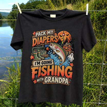 Pack My Diapers I'm Going Fishing With Grandpa Halloween Rainbow Trout T-Shirt