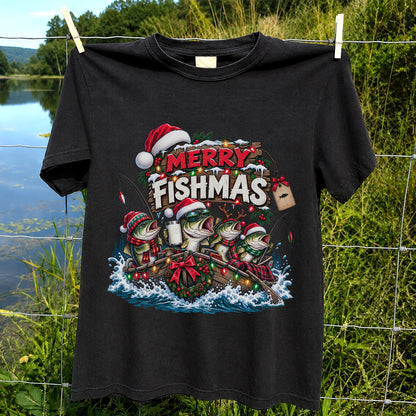 Merry Fishmas Christmas Bass in a Fishing Boat Graphic T-Shirt
