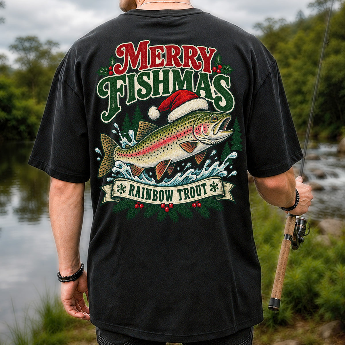 Merry Fishmas Rainbow Trout in Santa Hat Christmas Fishing T-Shirt | Back Print