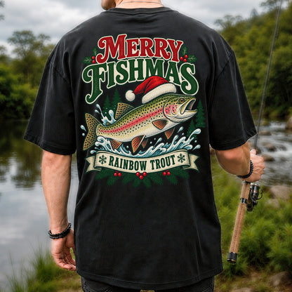 Merry Fishmas Rainbow Trout in Santa Hat Christmas Fishing T-Shirt | Back Print