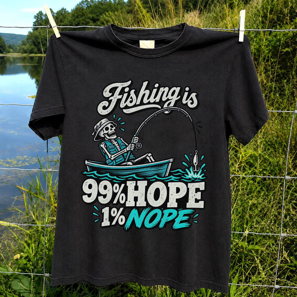 Fishing Is 99% Hope 1% Nope Skeleton Fishing Graphic T-Shirt