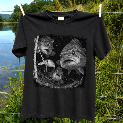 Vintage Bass Fishing Graphic T-Shirt with Underwater Fish Artwork