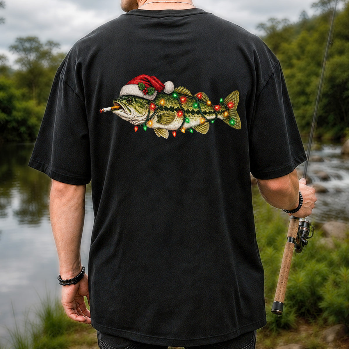 Christmas Bass Fishing Lights and Santa Hat Graphic T-Shirt | Back Print