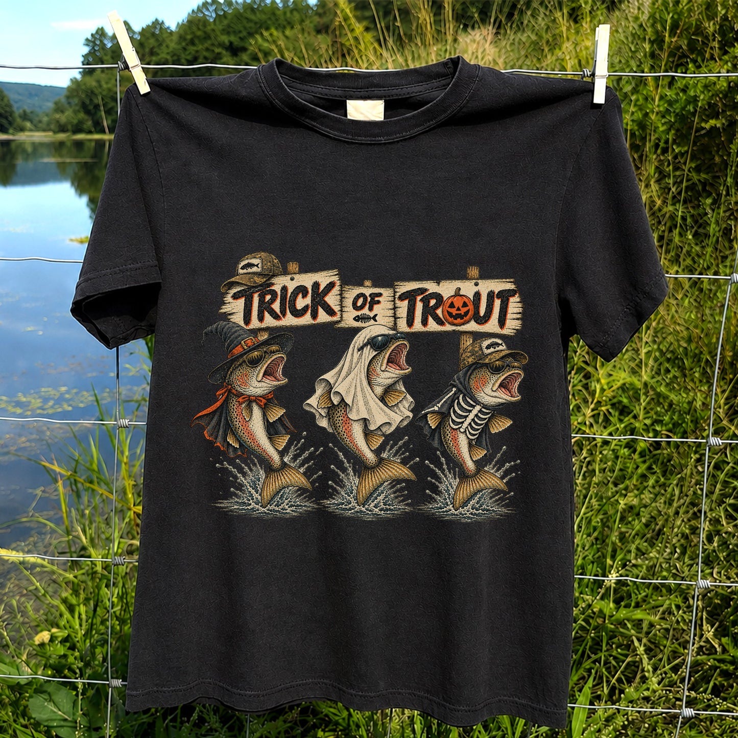 Trick or Trout Halloween Three Trout Fishing T-Shirt