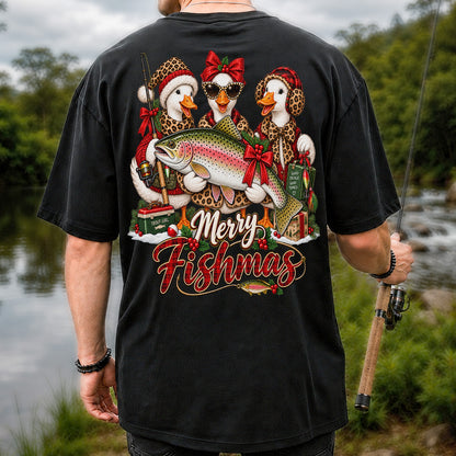 Merry Fishmas Christmas Ducks with Rainbow Trout Fishing T-Shirt | Back Print