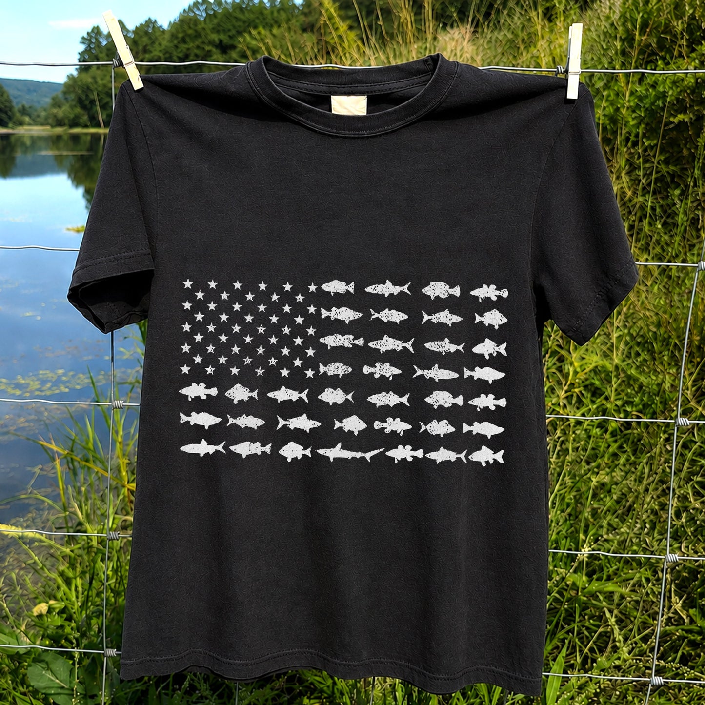 American Flag Made of Fish Silhouettes Fishing Graphic T-Shirt