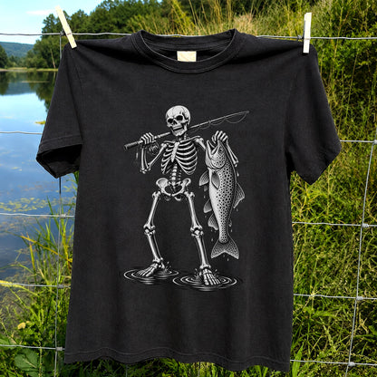 Skeleton Angler Holding a Trout Fishing Graphic T-Shirt