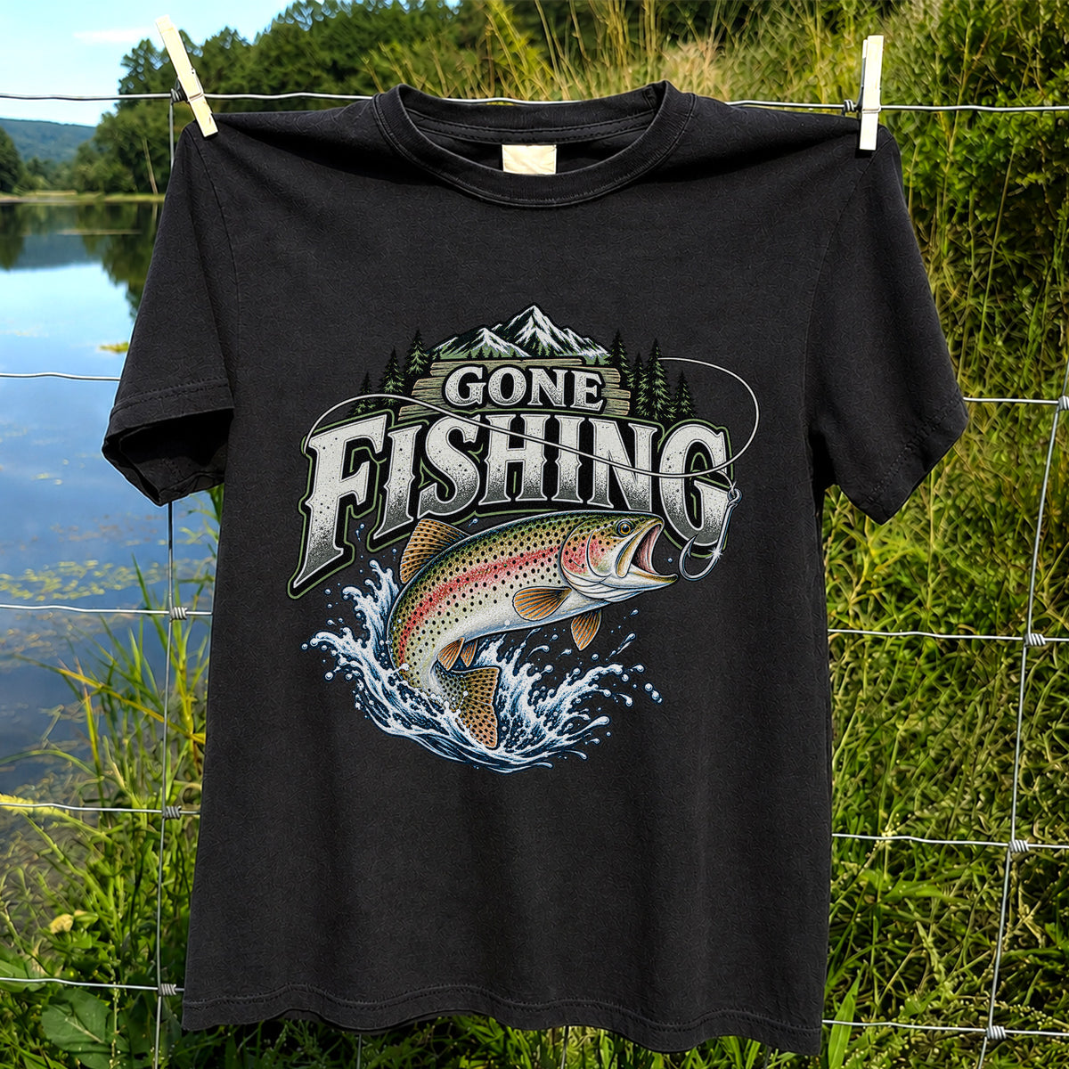 Gone Fishing Rainbow Trout and Mountains Graphic T-Shirt