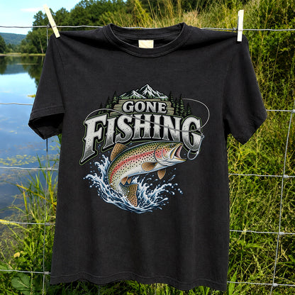 Gone Fishing Rainbow Trout and Mountains Graphic T-Shirt