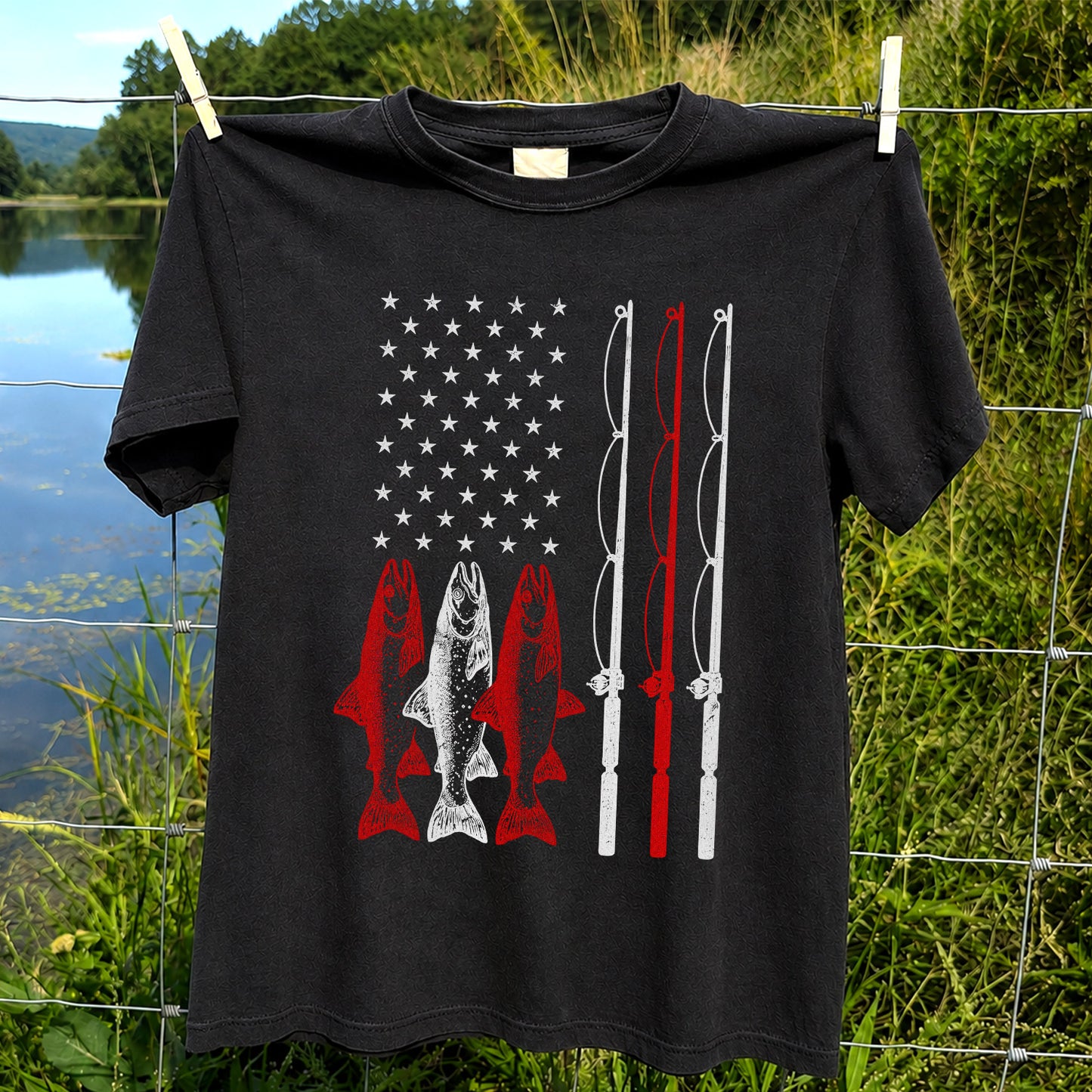 American Flag Trout and Fishing Rods Patriotic T-Shirt