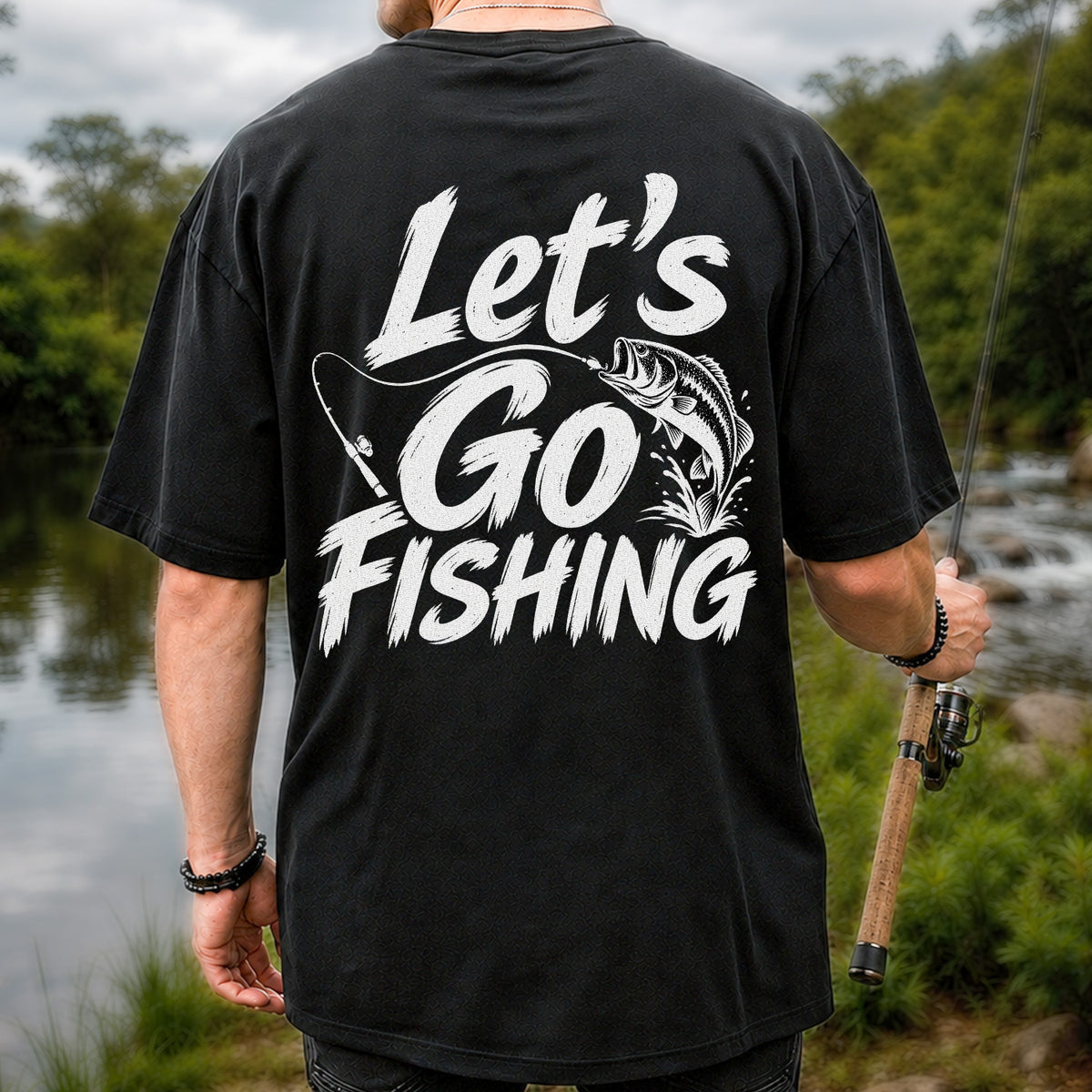 Let's Go Fishing with Jumping Bass Graphic T-Shirt | Back Print