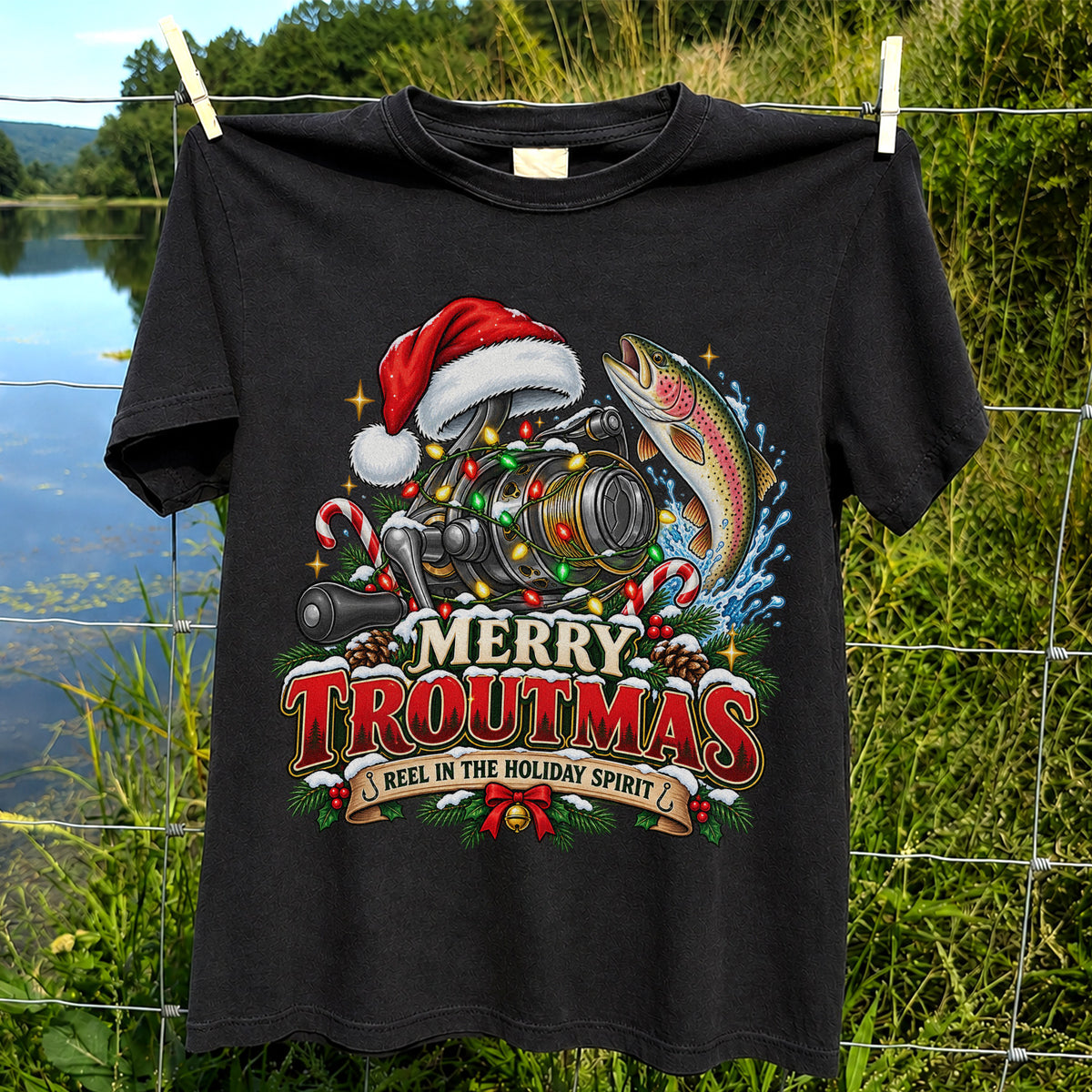 Merry Troutmas Reel in the Holiday Spirit Rainbow Trout and Fishing Reel T-Shirt