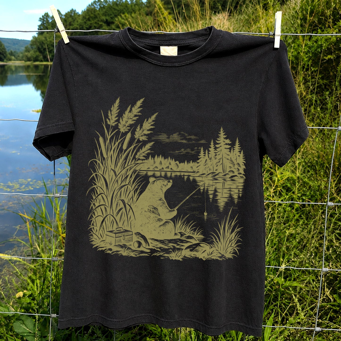 Bear Fishing by the Lake Vintage Outdoor Graphic T-Shirt