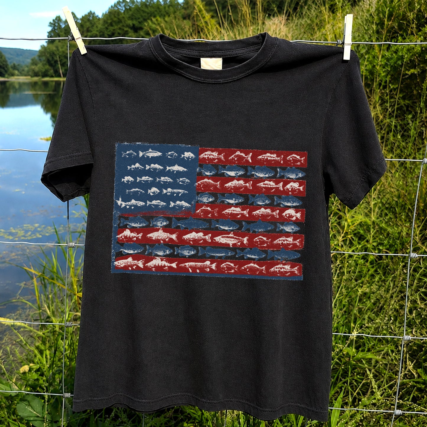 American Flag Made of Fish Patriotic Fishing Graphic T-Shirt