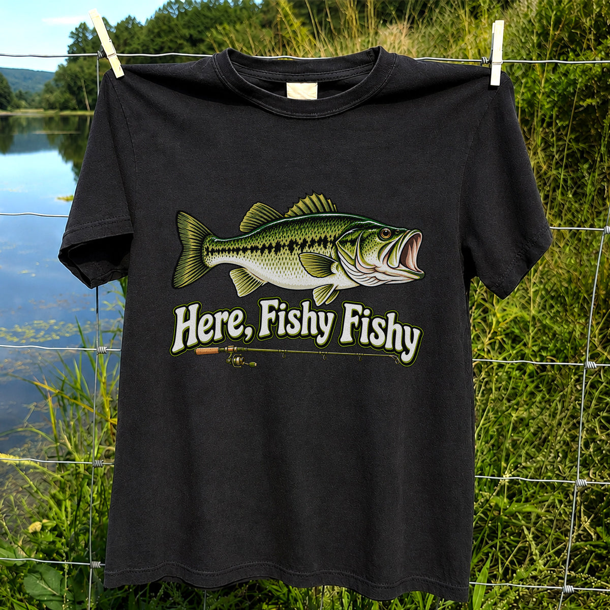 Here Fishy Fishy Funny Largemouth Bass Fishing Graphic T-Shirt