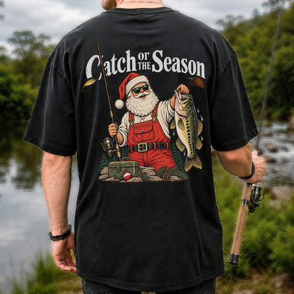 Catch of the Season Santa Bass Fishing Christmas T-Shirt | Back Print