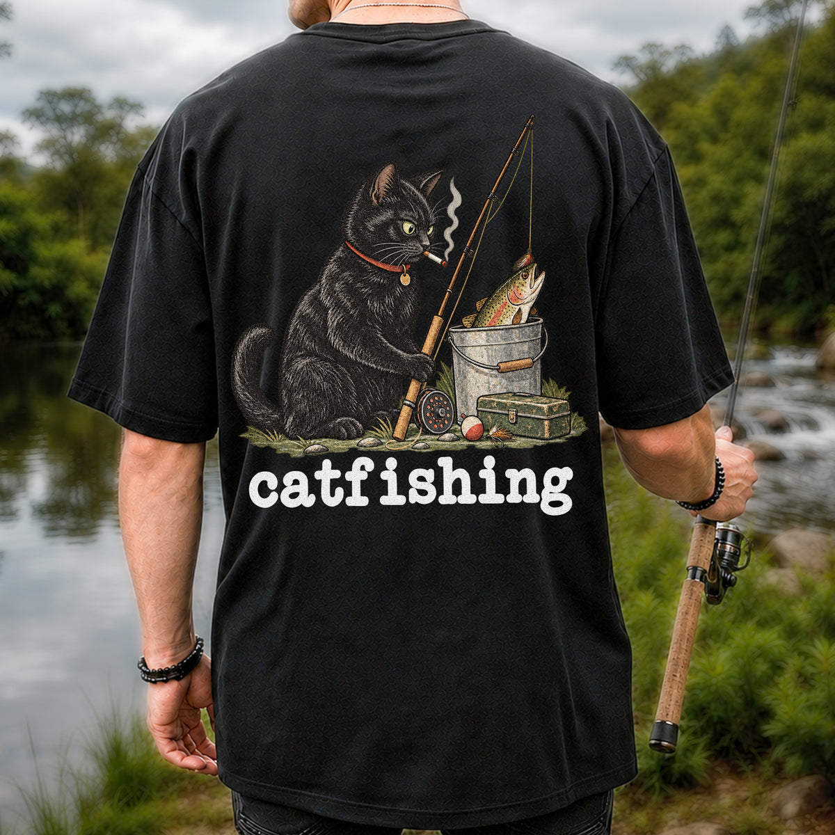 Catfishing Smoking Black Cat with Fishing Rod Funny T-Shirt | Back Print