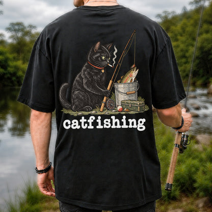 Catfishing Smoking Black Cat with Fishing Rod Funny T-Shirt | Back Print