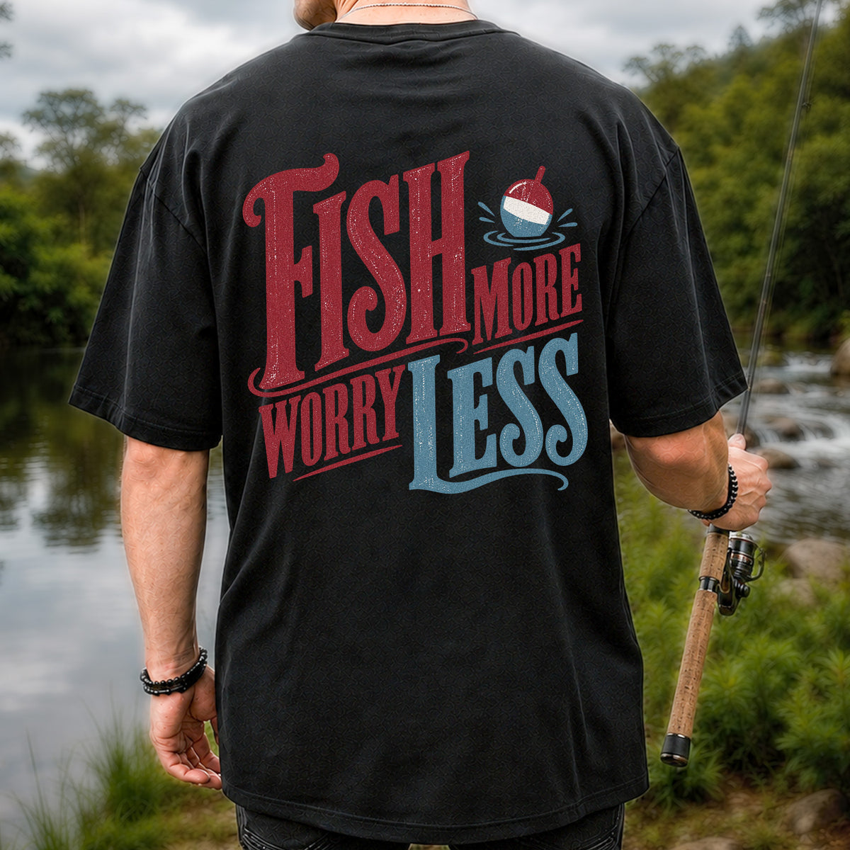 Fish More Worry Less Vintage Bobber Fishing Graphic T-Shirt | Back Print