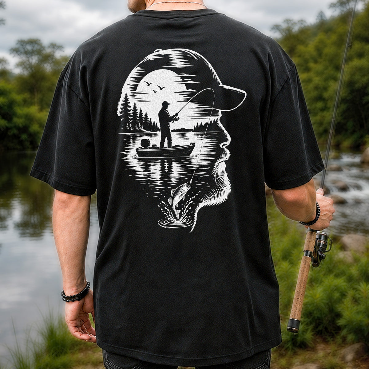 Bearded Angler Silhouette with Lake Fishing Scene Graphic T-Shirt | Back Print