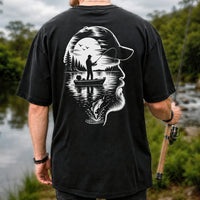 Bearded Angler Silhouette with Lake Fishing Scene Graphic T-Shirt | Back Print