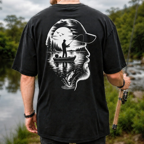 Bearded Angler Silhouette with Lake Fishing Scene Graphic T-Shirt | Back Print