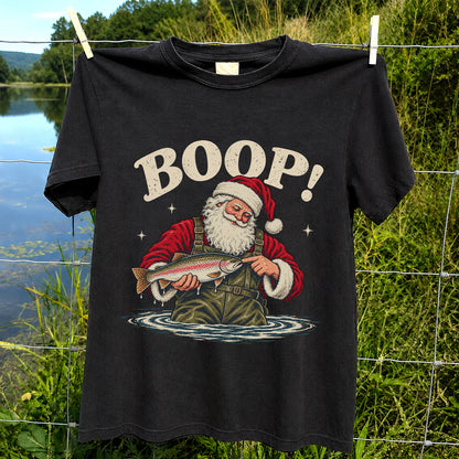 Boop Santa Holding Trout Funny Christmas Fishing T-Shirt