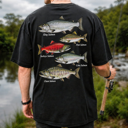 King Pink Sockeye Coho and Chum Salmon Fishing Graphic T-Shirt | Back Print