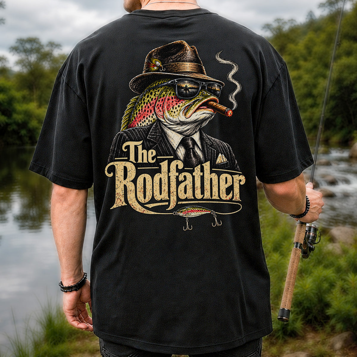 The Rodfather Rainbow Trout Gangster Funny Fishing T-Shirt | Back Print