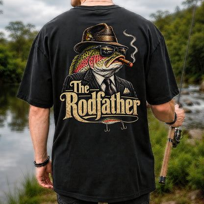 The Rodfather Rainbow Trout Gangster Funny Fishing T-Shirt | Back Print