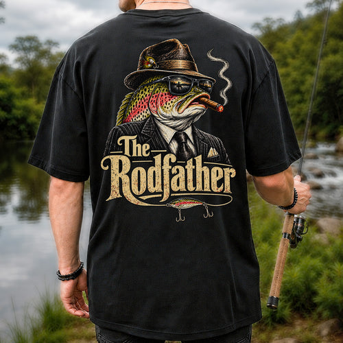 The Rodfather Rainbow Trout Gangster Funny Fishing T-Shirt | Back Print