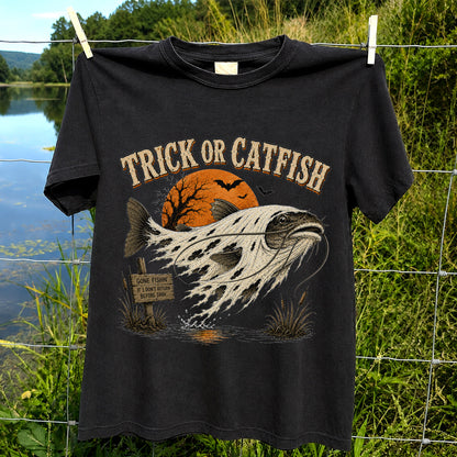 Trick or Catfish Halloween Fishing T-Shirt, Vintage Trout Angler Tee