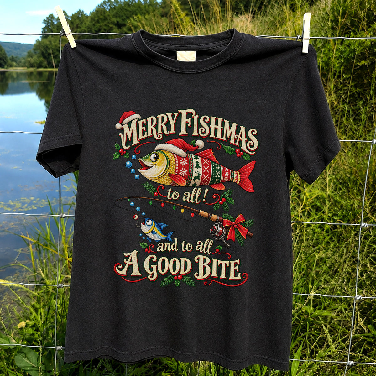 Merry Fishmas to All and to All a Good Bite Christmas Fishing T-Shirt