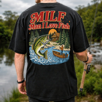 MILF Man I Love Fish Jumping Bass and Cabin Fishing T-Shirt | Back Print