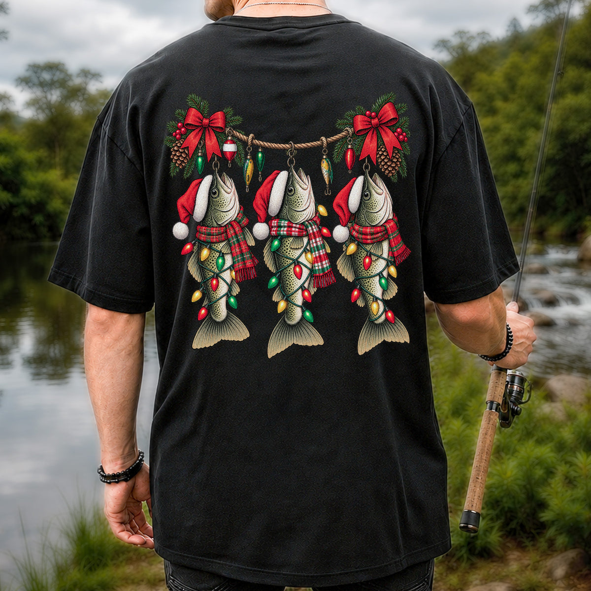 Christmas Fish Ornament Fishing Graphic T-Shirt | Back Print