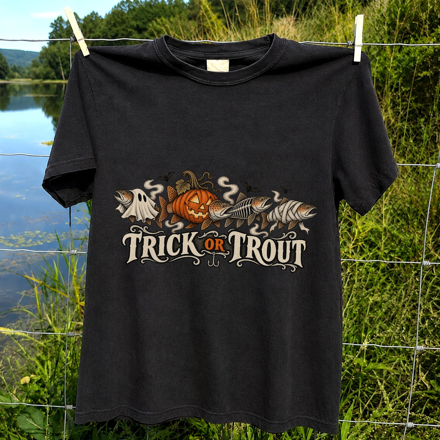 Trick or Trout Halloween Fish Lineup Fishing T-Shirt