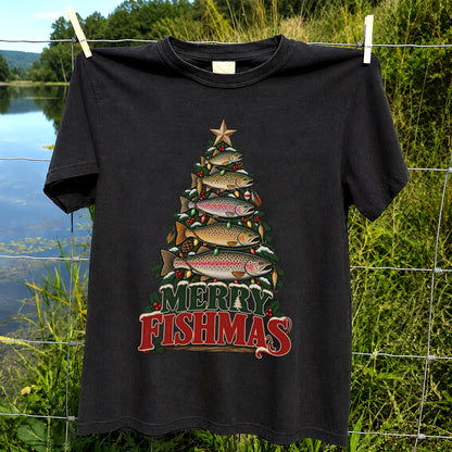 Merry Fishmas Trout Christmas Tree Fishing T-Shirt