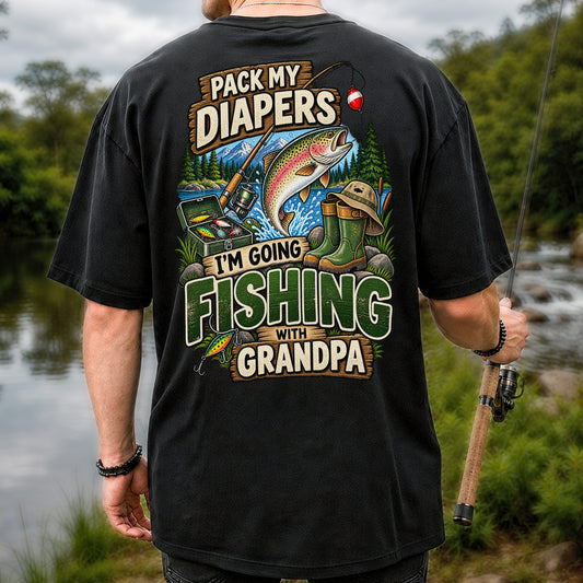 Pack My Diapers I'm Going Fishing With Grandpa Rainbow Trout T-Shirt | Back Print