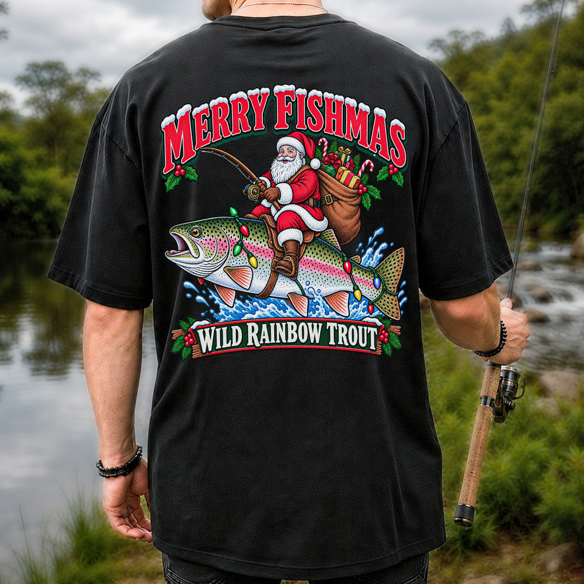 Merry Fishmas Santa Riding a Wild Rainbow Trout Christmas Fishing T-Shirt | Back Print