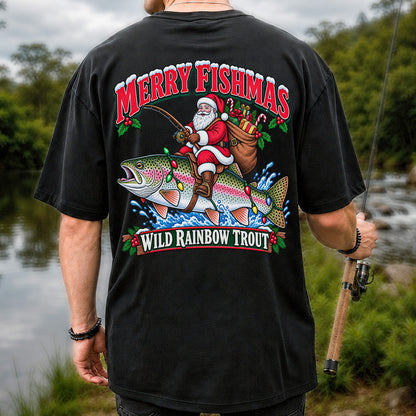 Merry Fishmas Santa Riding a Wild Rainbow Trout Christmas Fishing T-Shirt | Back Print