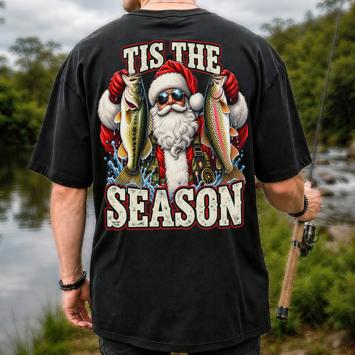 Tis the Season Santa Holding Bass and Rainbow Trout Christmas Fishing T-Shirt | Back Print