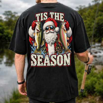 Tis the Season Santa Holding Bass and Rainbow Trout Christmas Fishing T-Shirt | Back Print