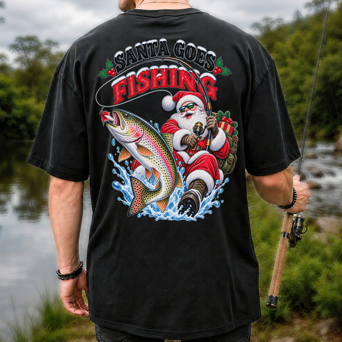 Santa Goes Fishing Rainbow Trout Christmas Graphic T-Shirt | Back Print