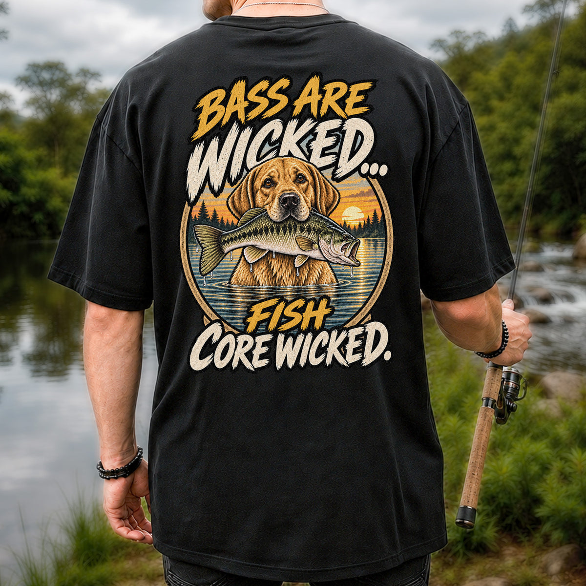 Bass Are Wicked Fish Core Wicked Dog Holding Bass Fishing T-Shirt | Back Print