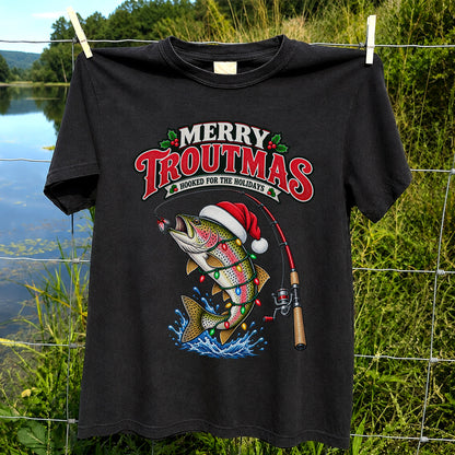 Merry Troutmas Hooked for the Holidays Rainbow Trout Christmas Fishing T-Shirt