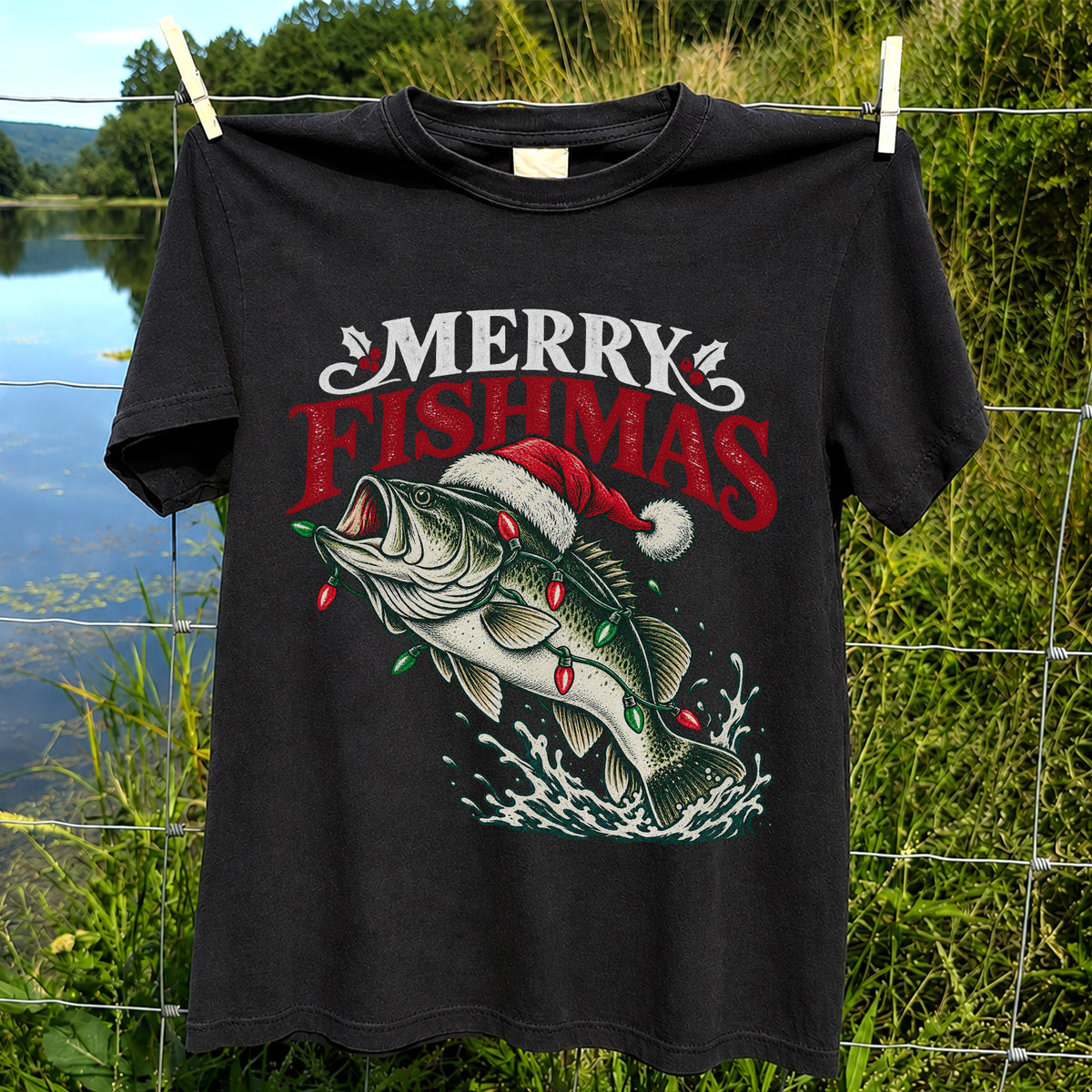 Christmas Bass Fishing Graphic T-Shirt with Santa Hat